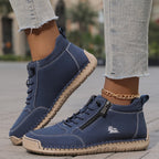 Women's arch support lace up ankle sneakers with wide toe box in navy blue