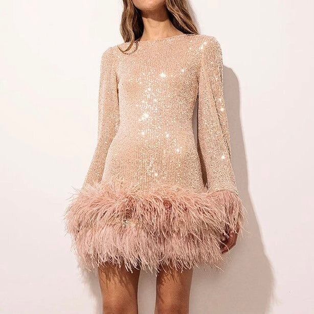 Sequin Mini Dress Feather Hem Open Back