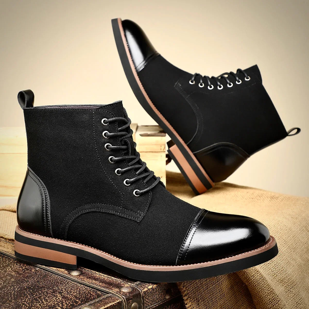 Oxford leather lace-up boots in black
