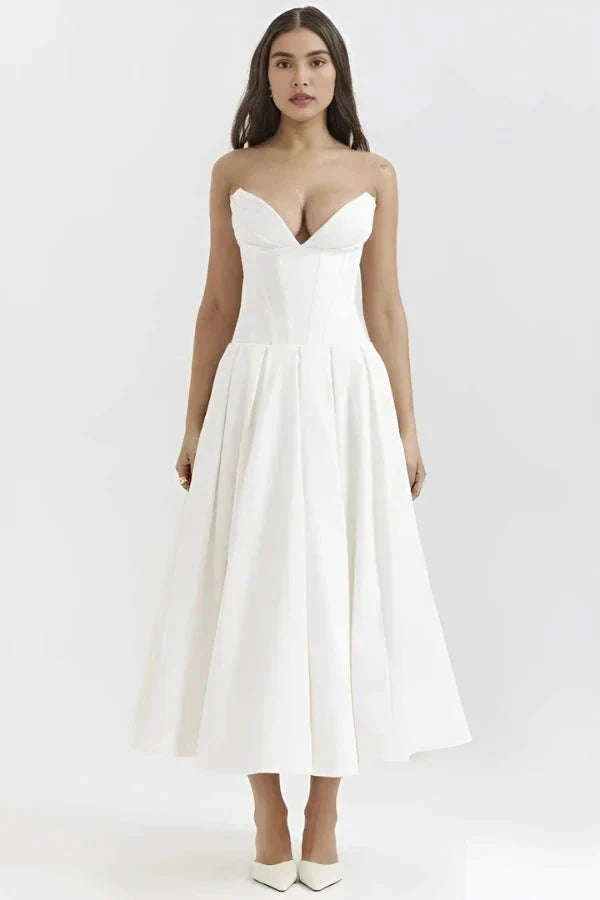 Strapless Boned Corset Midi Dress Voluminous Skirt