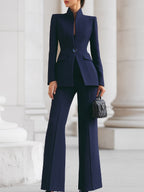 Women's formal tailored blazer and pants suit set in blue