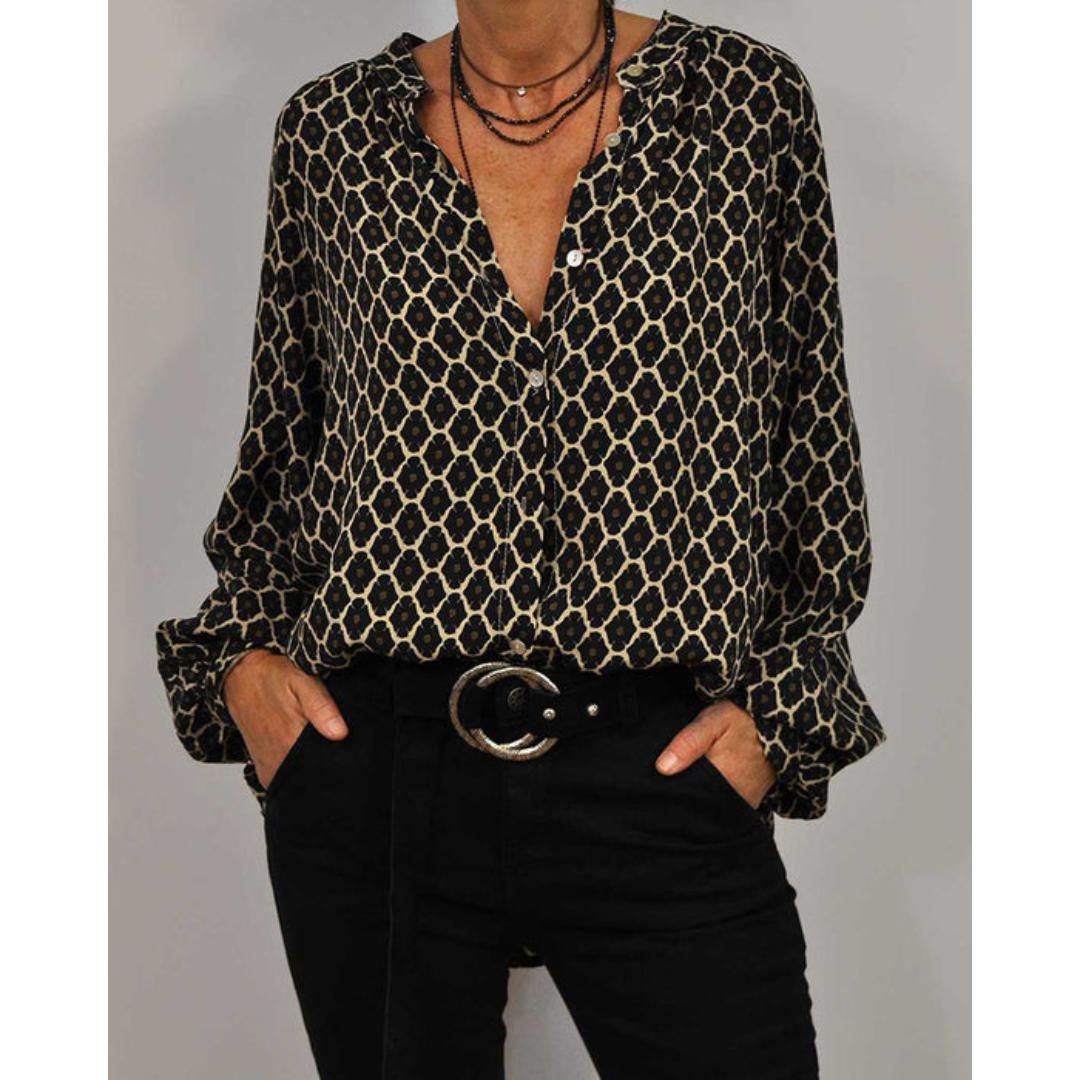 Women's V-Neck Printed Blouse Long Sleeve