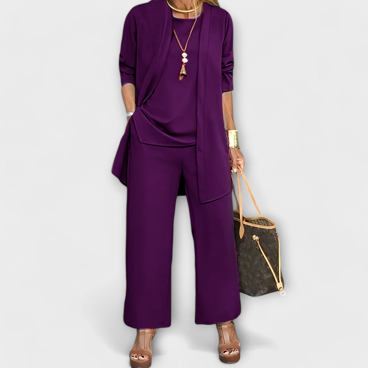 Three-piece top and wide-leg pants set in purple