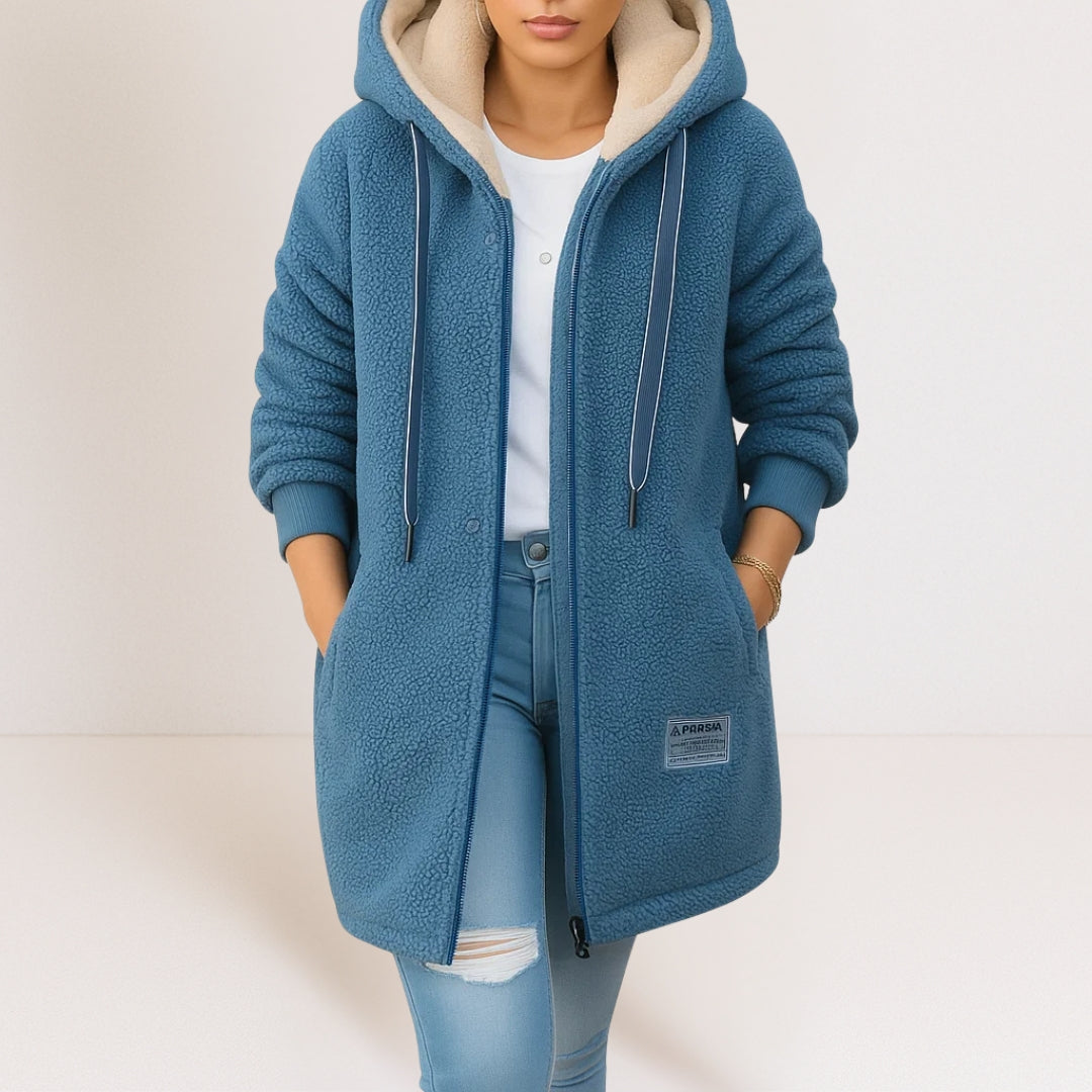 Women's hooded zip up fleece jacket in blue