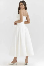Strapless Boned Corset Midi Dress Voluminous Skirt