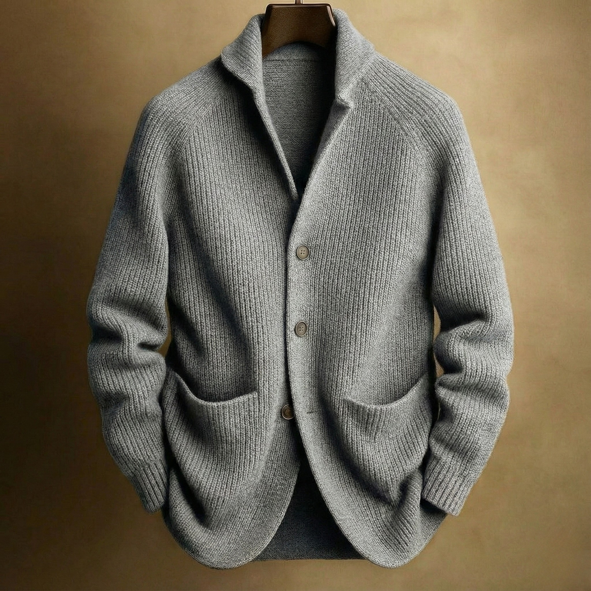 Men's ribbed wool blend shawl collar cardigan in grey