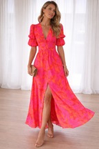 Floral Print Maxi Dress with Puff Sleeves