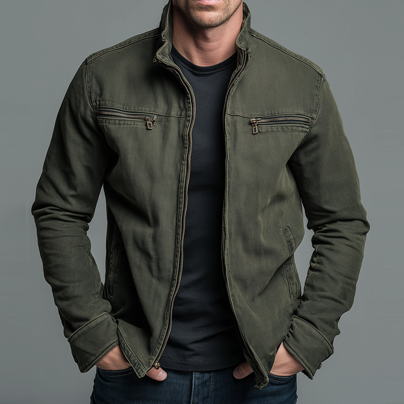 Men's vintage style washed cotton zip up jacket in green