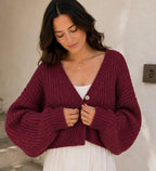 Cropped chunky knit cardigan sweater in wine