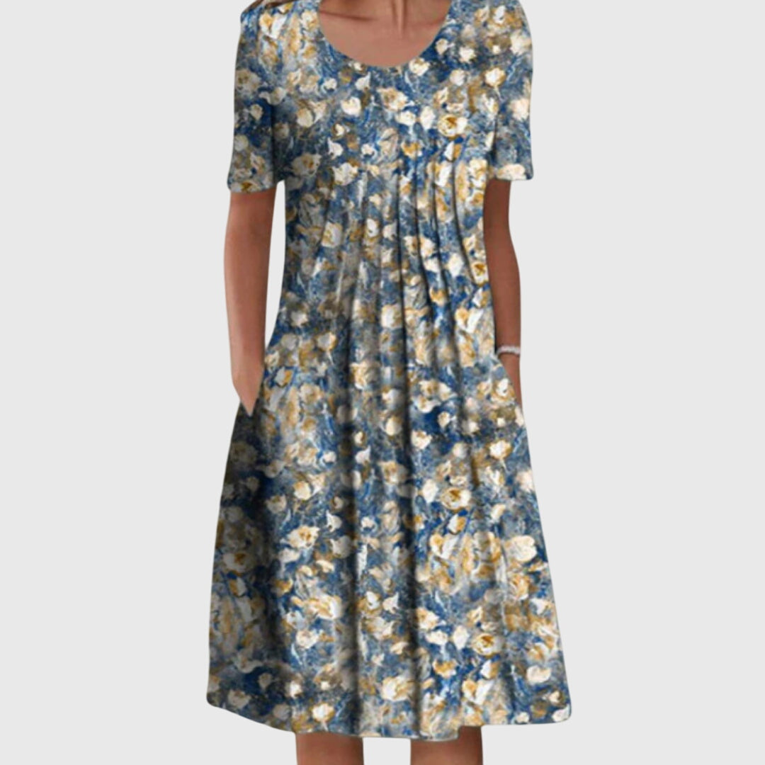 Elegant round neck layered printed dress in light blue