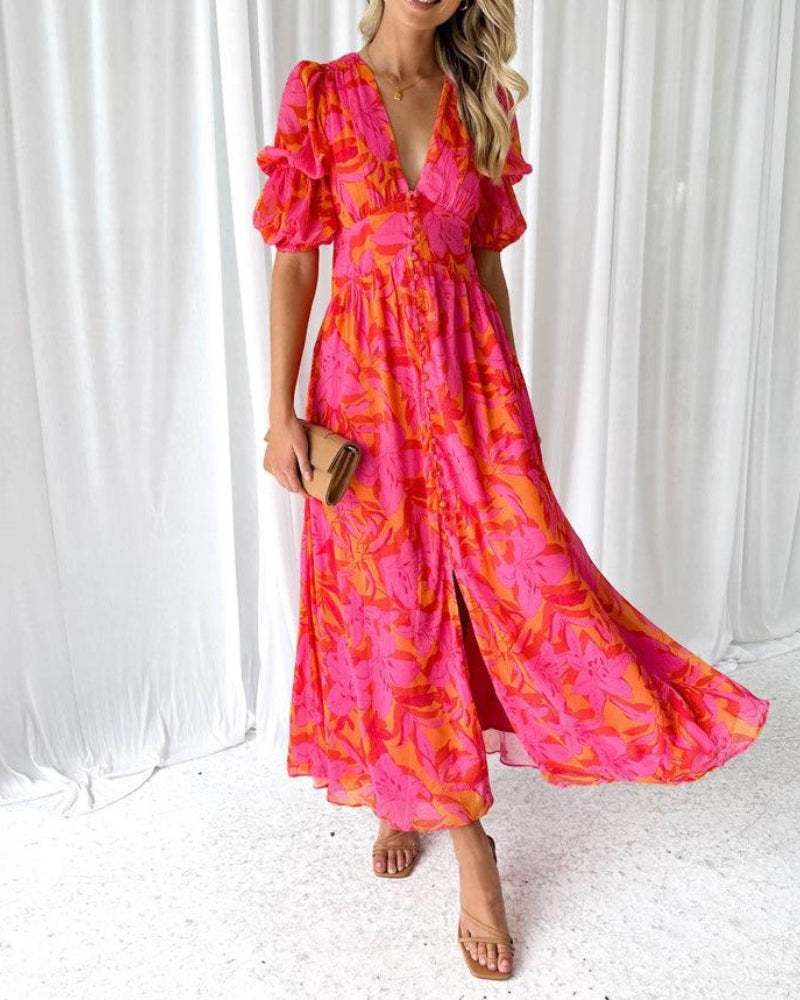 Floral Print Maxi Dress with Puff Sleeves