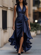 Satin Halter Gown with Ruffle Skirt