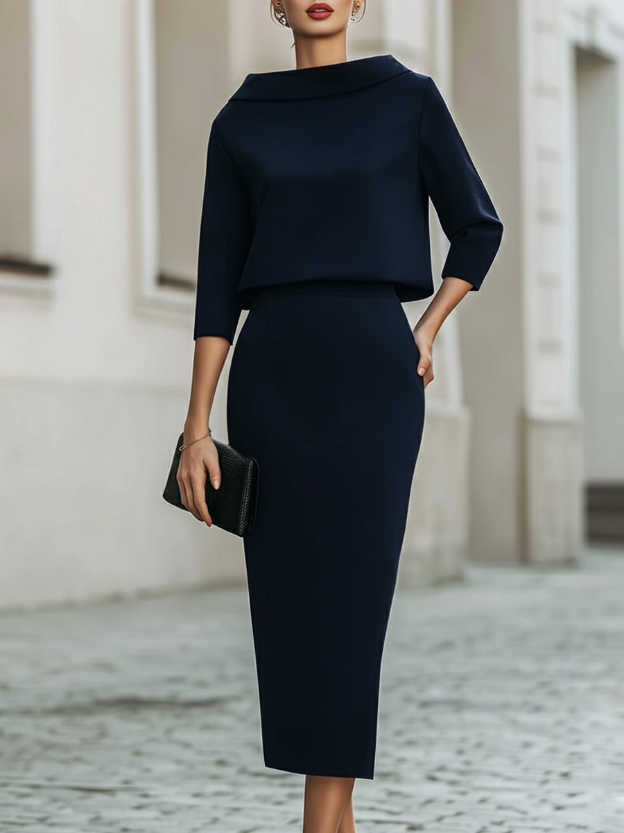 Boat Neck Top High-Waist Midi Skirt Set