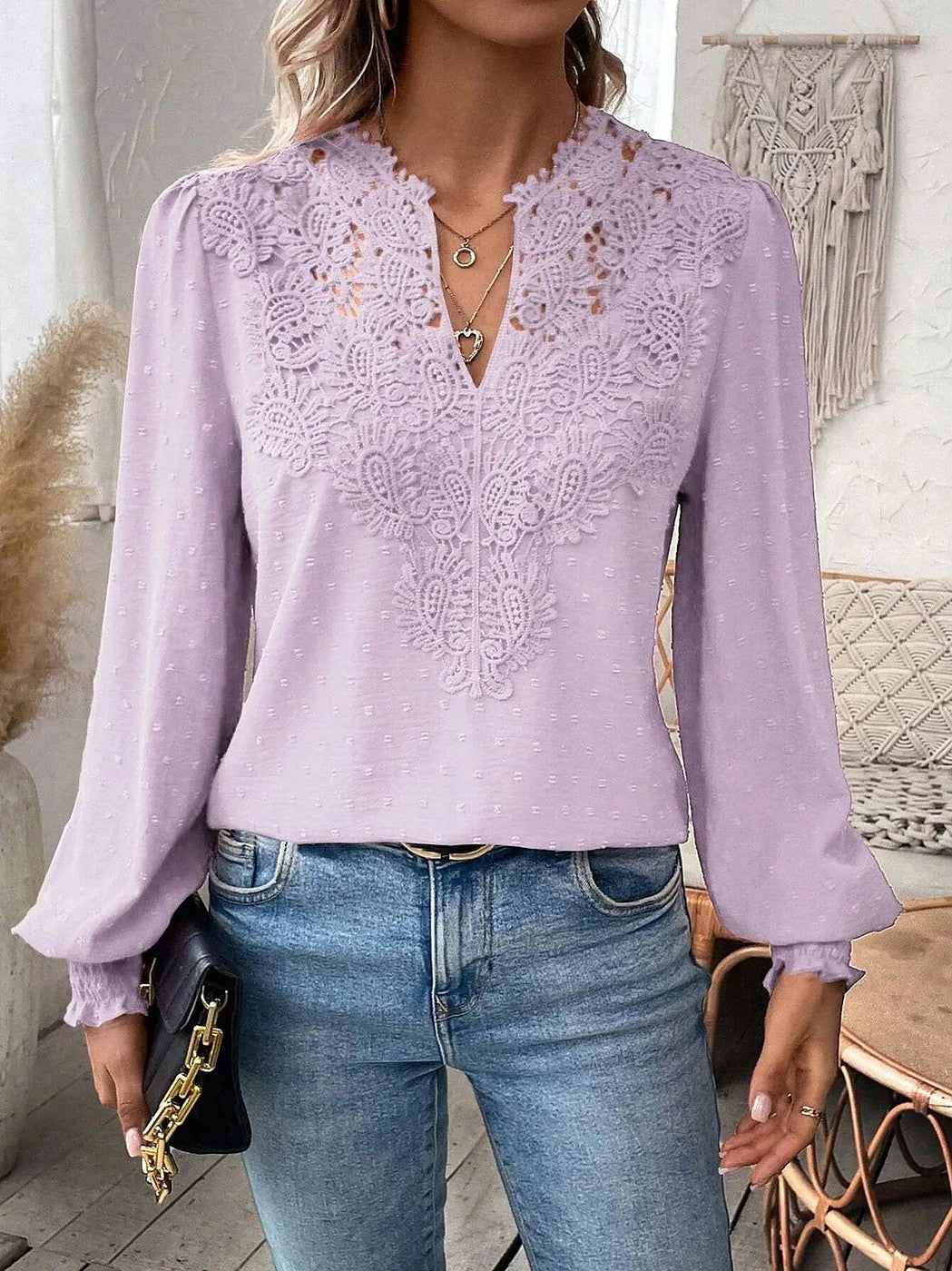Women's elegant Swiss dot lace puff sleeve blouse in purple