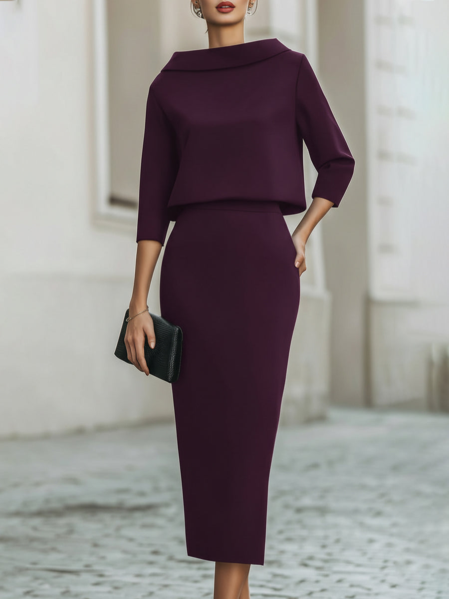 Boat Neck Top High-Waist Midi Skirt Set