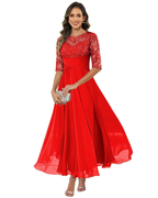 Elegant A-Line evening dress featuring lace detailing and flowing chiffon, designed with stylish 3/4 sleeves for a sophisticated look. 5