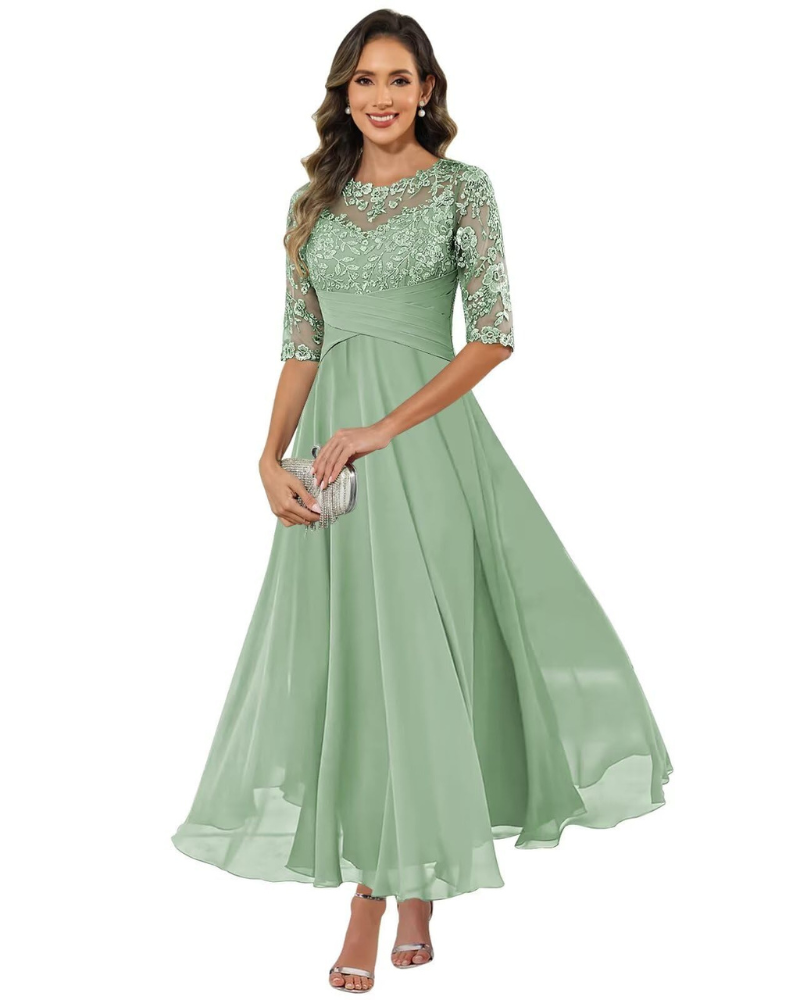 Elegant A-Line evening dress featuring lace detailing and flowing chiffon, designed with stylish 3/4 sleeves for a sophisticated look. 9