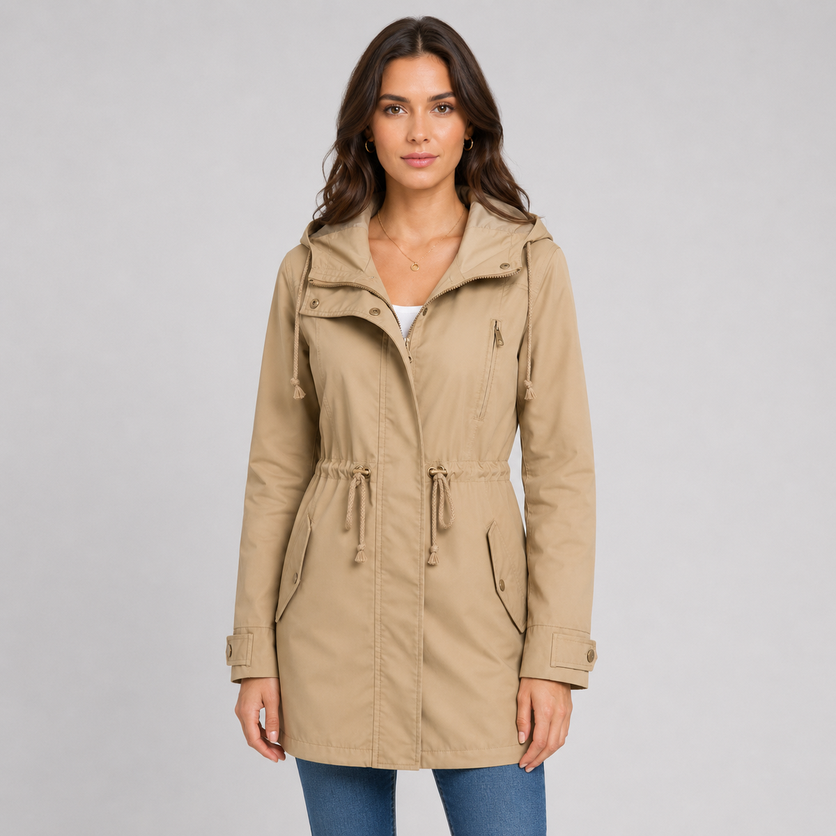 Lightweight hooded cotton blend windbreaker jacket in apricot