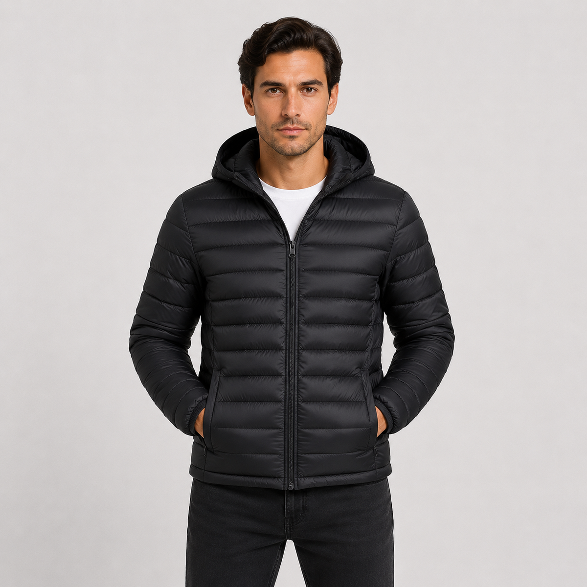 Quilted hooded full-zip jacket in black