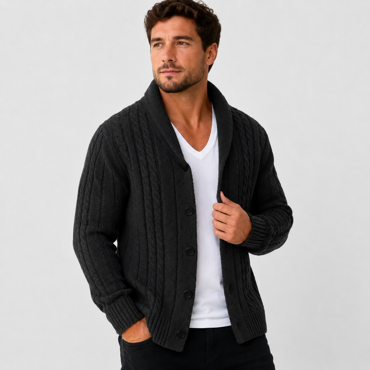 Cable knit button front cardigan sweater