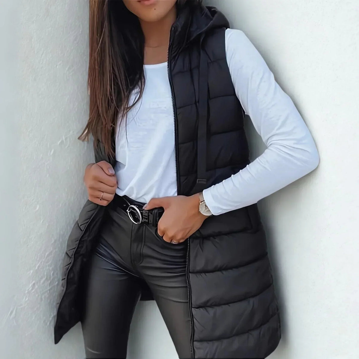 Long quilted hooded vest in black