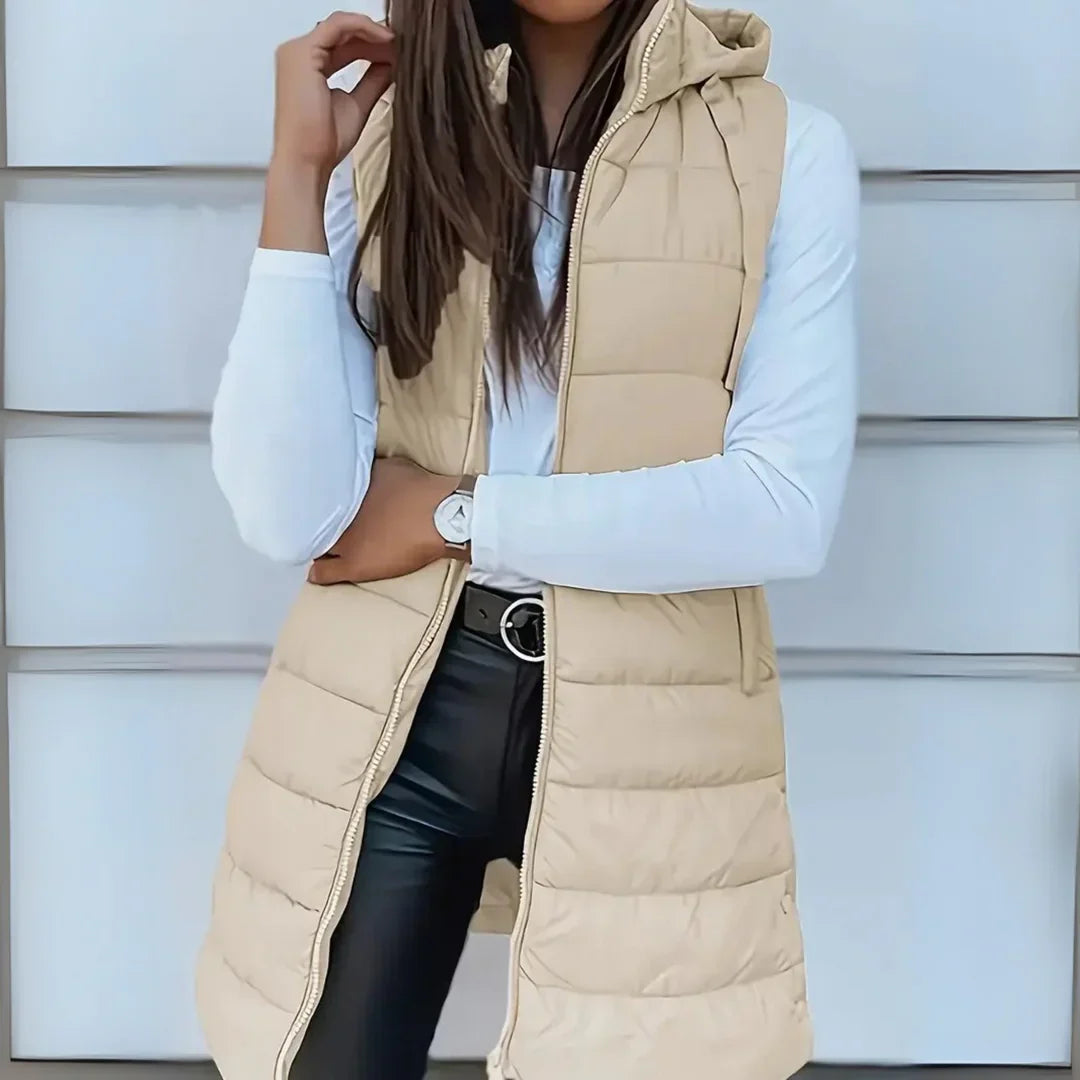 Long quilted hooded vest in beige