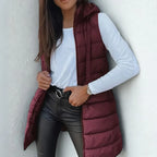 Long quilted hooded vest in chestnut brown