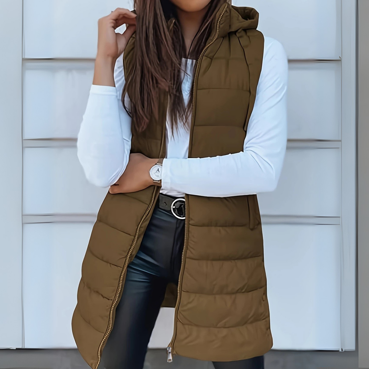 Long quilted hooded vest in khaki