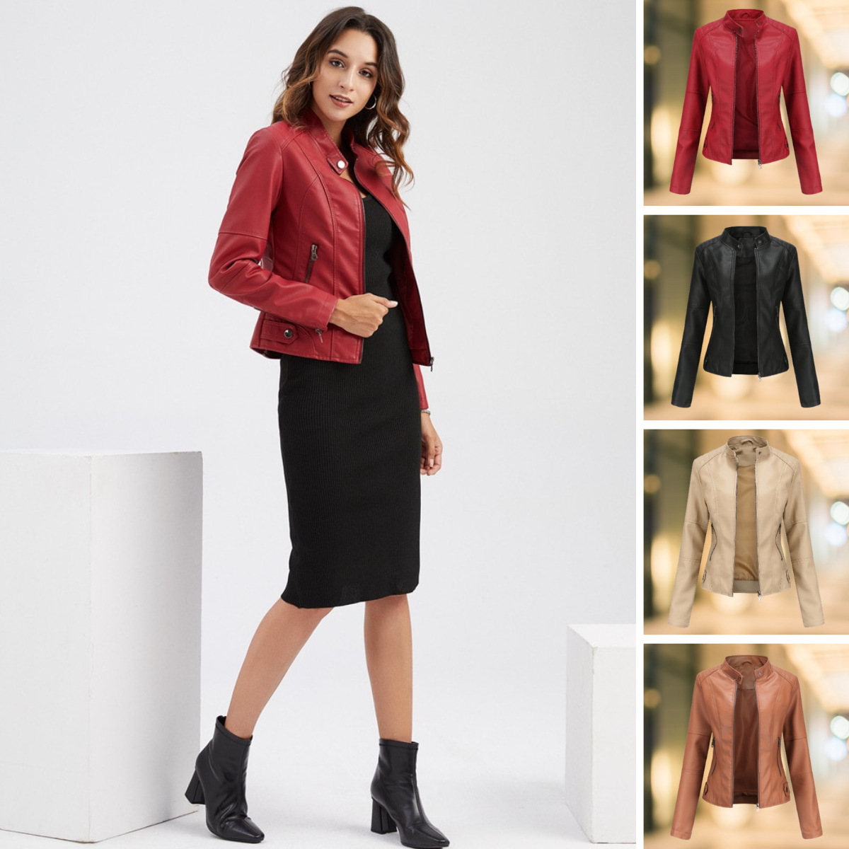 Stand collar leather jacket with zip front
