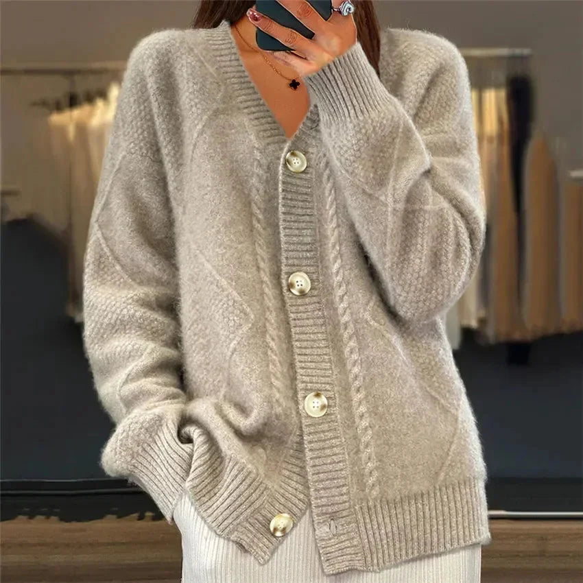Women's casual diamond knit V neck button front cardigan