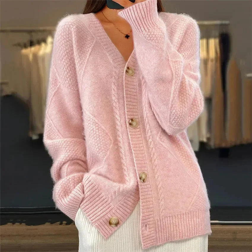 Women's casual diamond knit V neck button front cardigan in pink