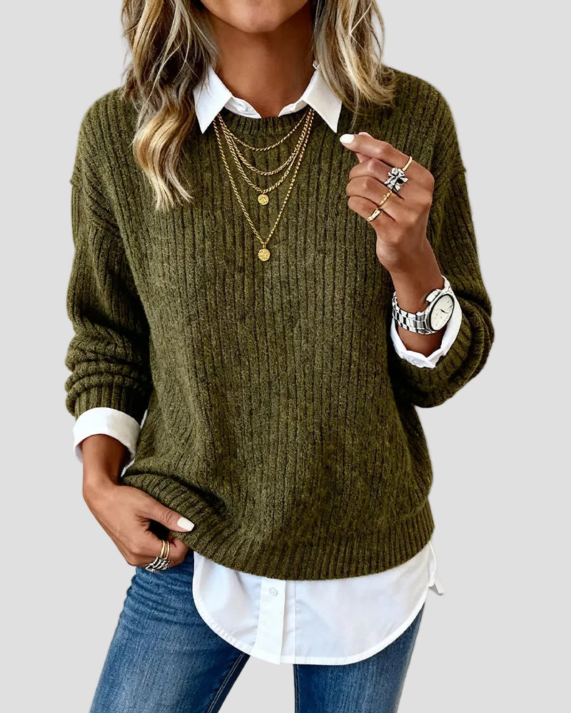 Casual Knit Sweater with Built-in Shirt Collar for Women