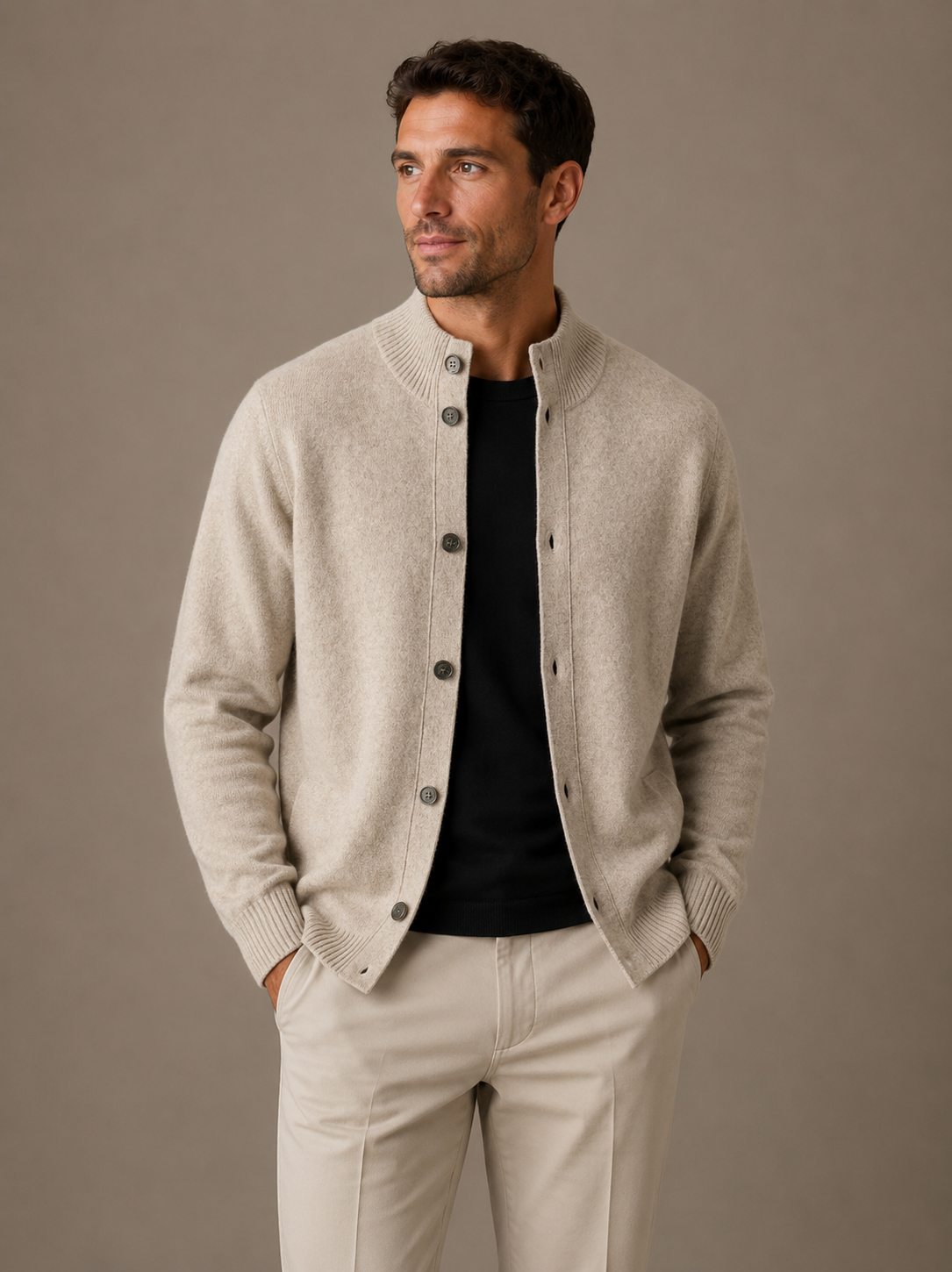 Cashmere cardigan sweater with ribbed cuffs in beige