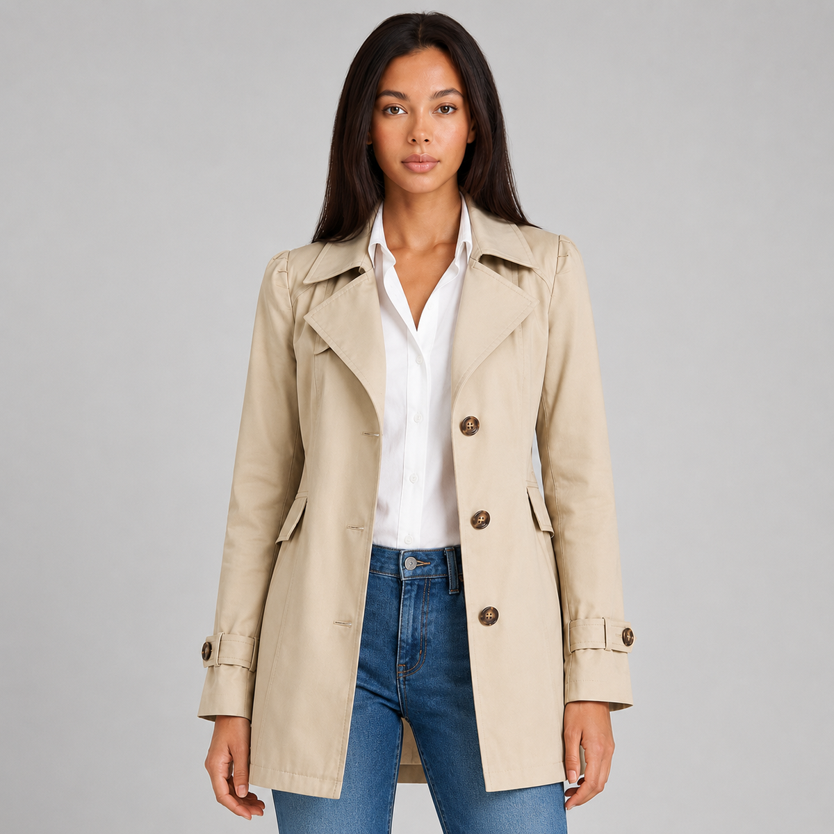 Women's single breasted mid length trench coat in khaki