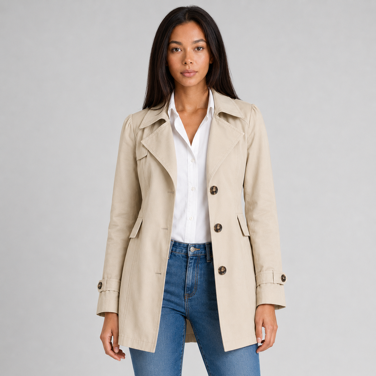 Women's single breasted mid length trench coat in beige
