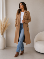 Women's double breasted belted longline coat in light brown