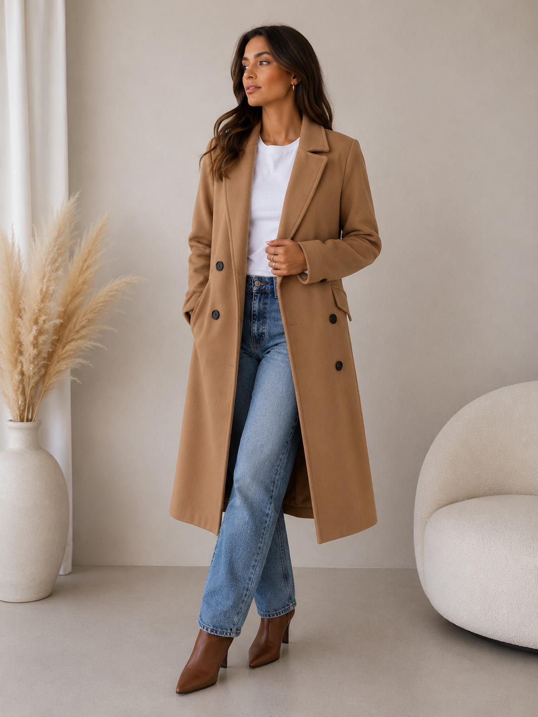 Women's double breasted belted longline coat in light brown
