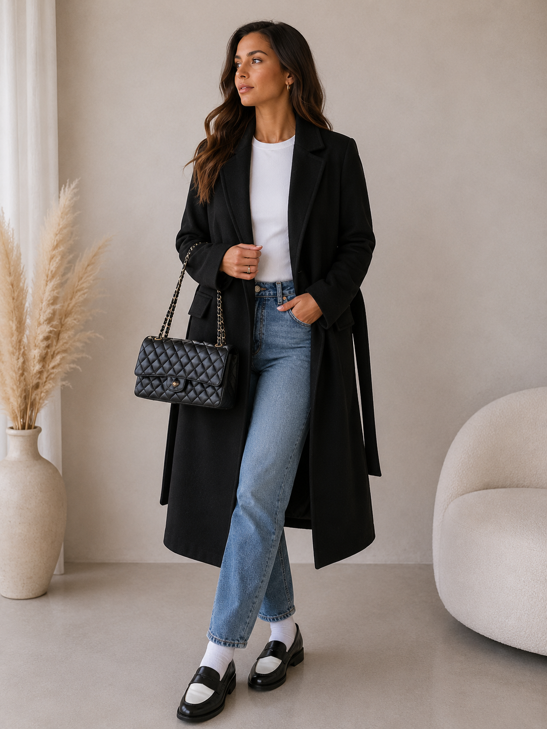 Women's double breasted belted longline coat in black