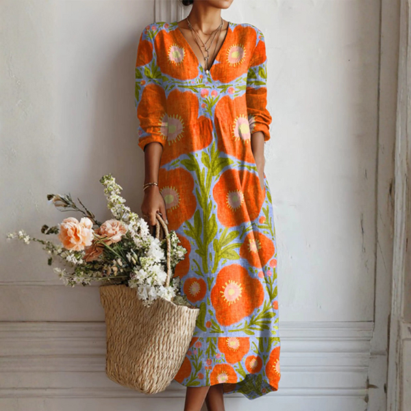 Women's Vintage Floral-Print Cotton and Linen Dress with Pockets