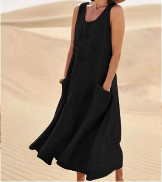 Cotton women's dress featuring a relaxed fit, stylish pockets, and a comfortable design, perfect for casual outings or everyday wear. 4