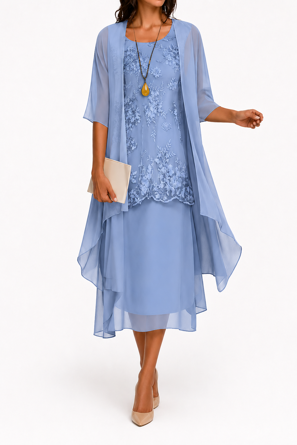 Floral embroidered midi wedding guest dress with sheer jacket in sky blue