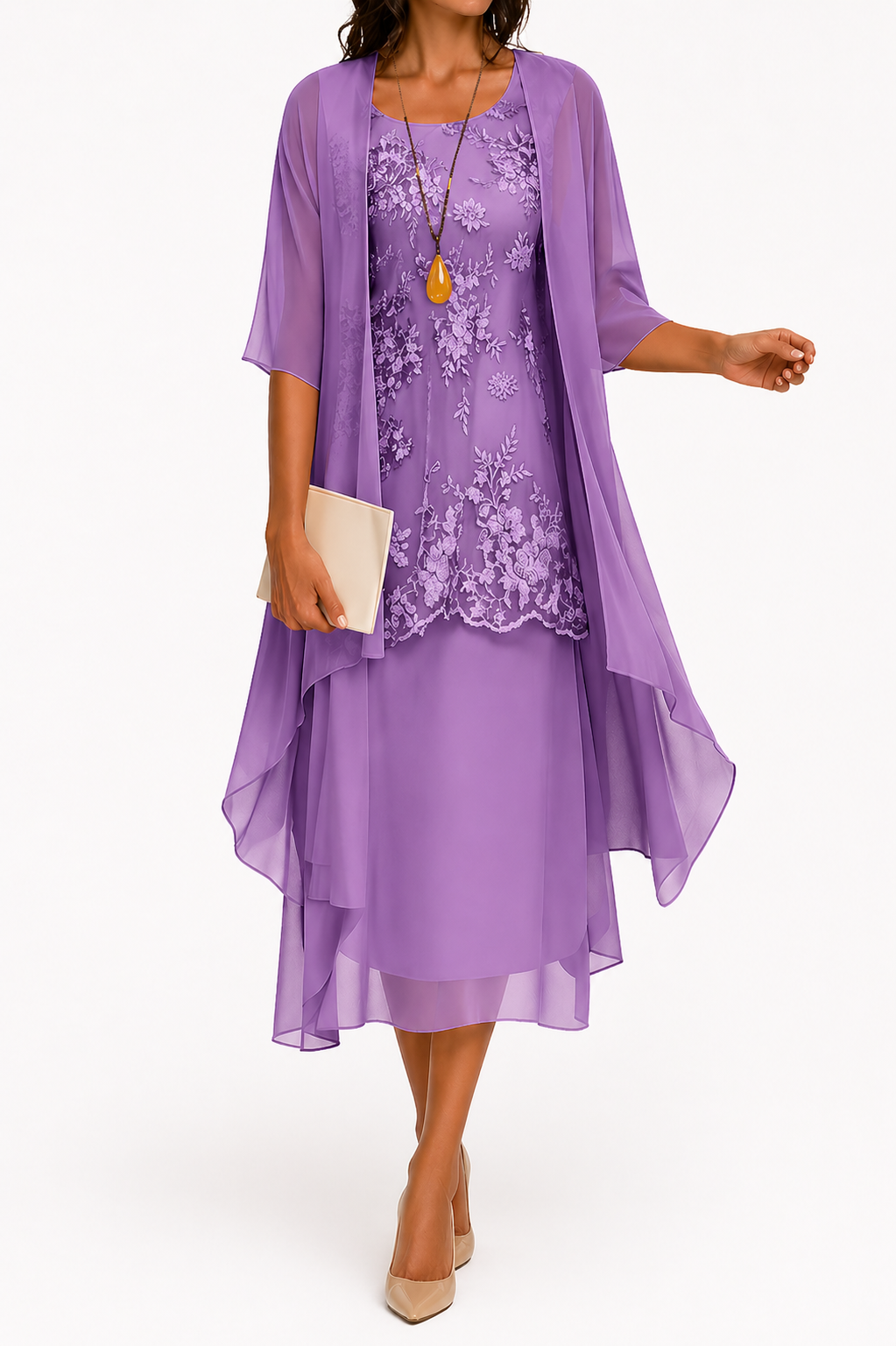 Floral embroidered midi wedding guest dress with sheer jacket in violet