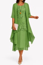 Floral embroidered midi wedding guest dress with sheer jacket in green