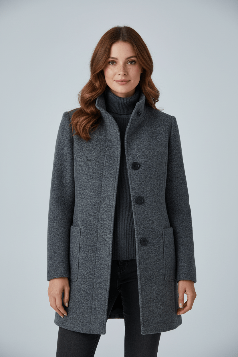 Women's tailored wool overcoat with stand collar in grey