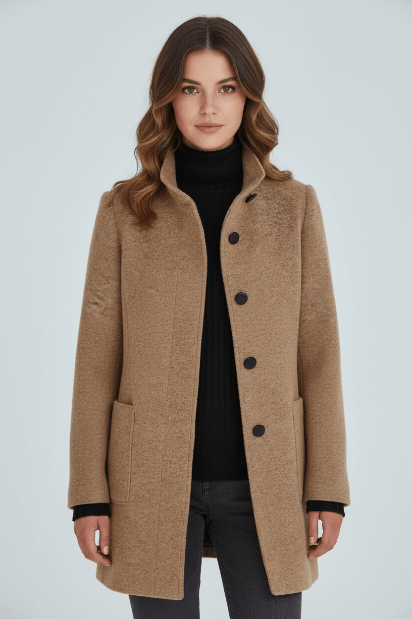 Women's tailored wool overcoat with stand collar