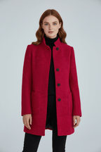 Women's tailored wool overcoat with stand collar in red