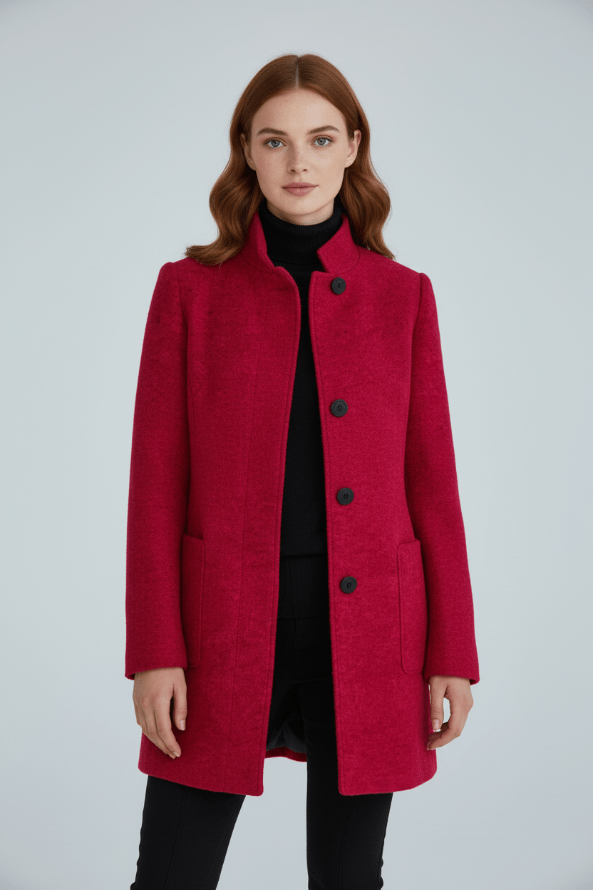 Women's tailored wool overcoat with stand collar in red