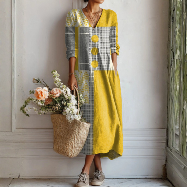 Women's Abstract Geometric-Print Linen Tunic Dress with Pockets