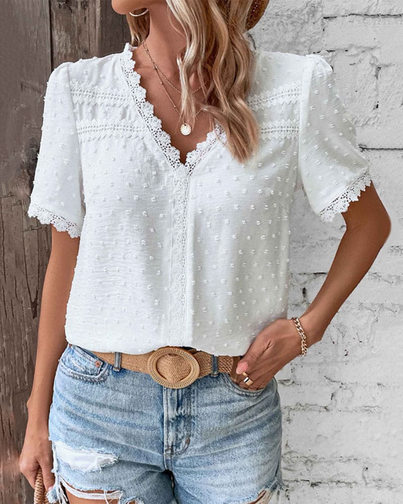White Lace Trim V-Neck Blouse Women