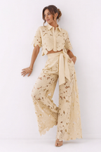 Floral lace women's set featuring a short sleeve blouse and wide leg pants, perfect for stylish summer outfits. 4